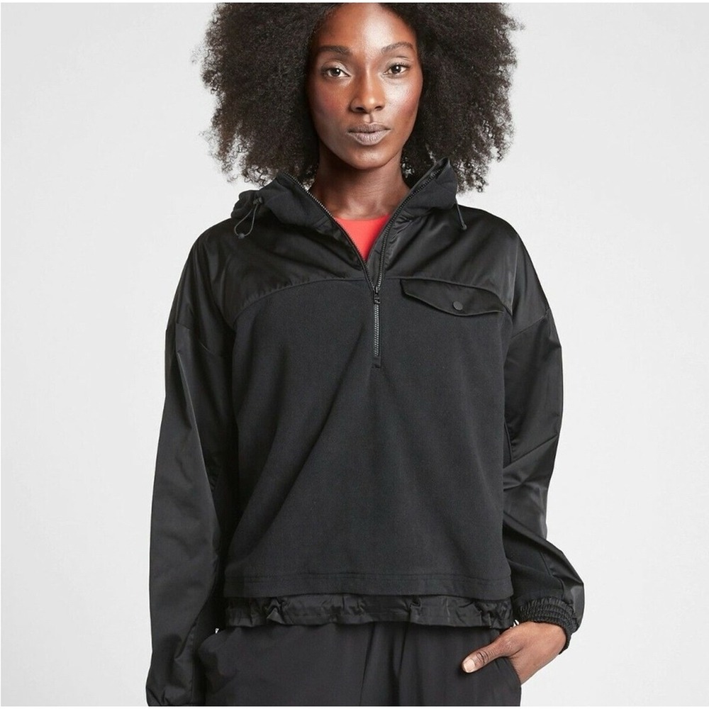 Athleta Black Mixed Media Fleece Half Zip Hooded Pullover Sweatshirt Small